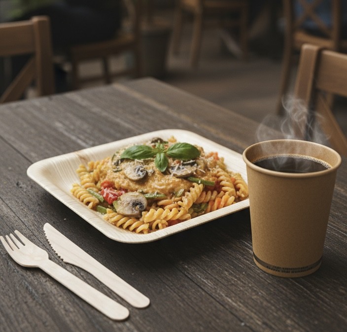 Couverts en bois jetables avec repas a emporter