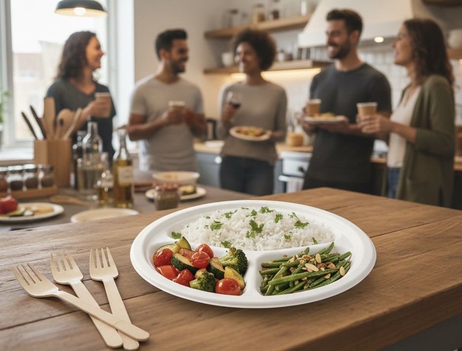 Assiette en canne à sucre pour repas entre amis, buffet maison et grande tablée