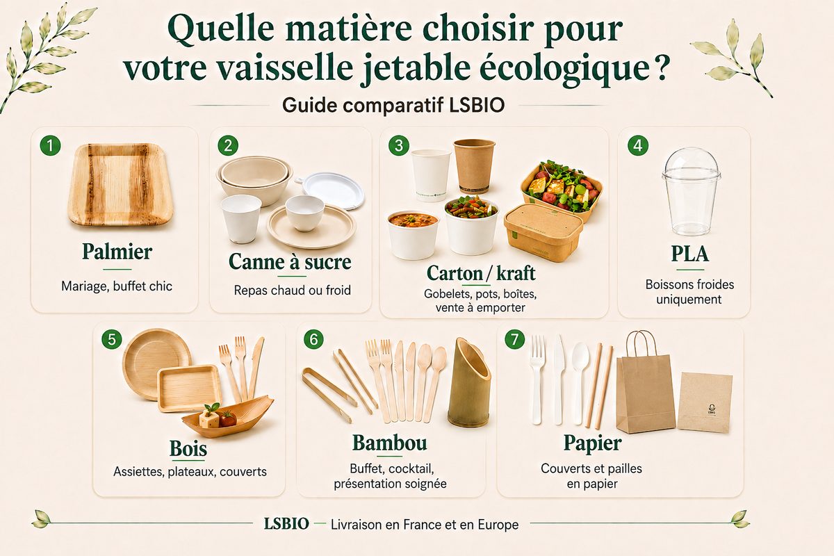Comparatif de vaisselle jetable écologique LSBIO pour événement, buffet et traiteur