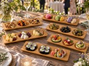 Assiettes bambou 3 compartiments avec dégustations sur buffet de mariage