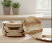 Assiettes en palmier 25 cm empilées – vaisselle naturelle biodégradable et résistante