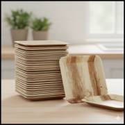 Lot d’assiettes palmier carrées 24 cm, vaisselle écologique naturelle sans plastique