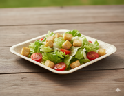 Assiette palmier carrée Élégance 18 cm utilisée pour une présentation alimentaire, vaisselle écologique naturelle