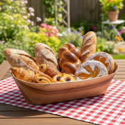 Corbeille en palmier remplie de pains – corbeille biodégradable pour buffets et brunchs