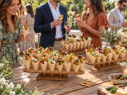 Supports en bambou 20 trous avec cônes en bois sur un buffet de réception